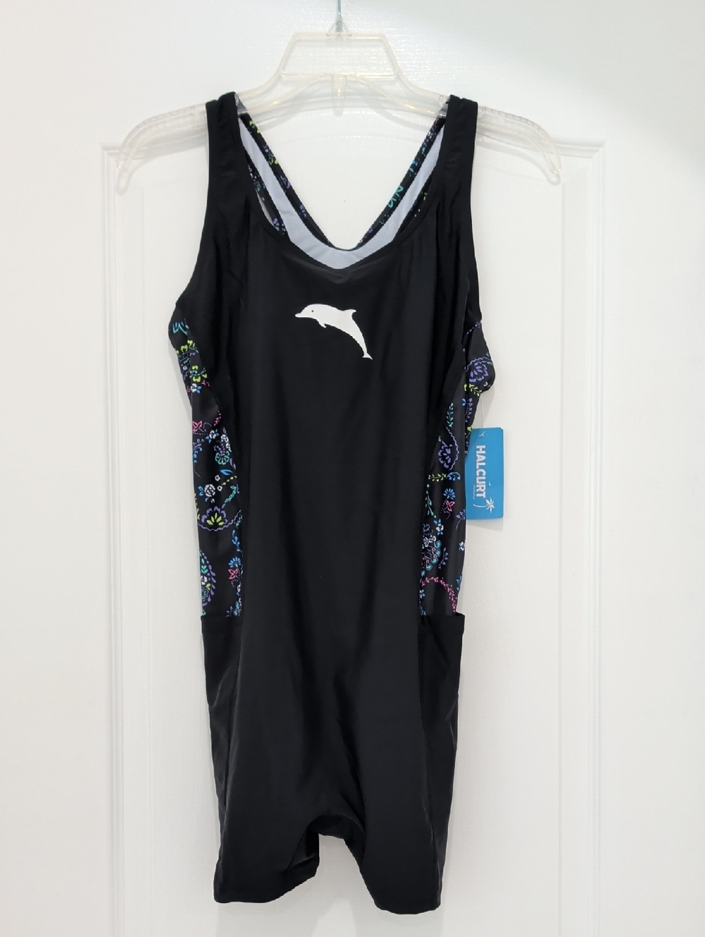 New HALCURT  Boyleg One Piece Swimsuit Pockets Athletic M Black & Floral Boy Leg
